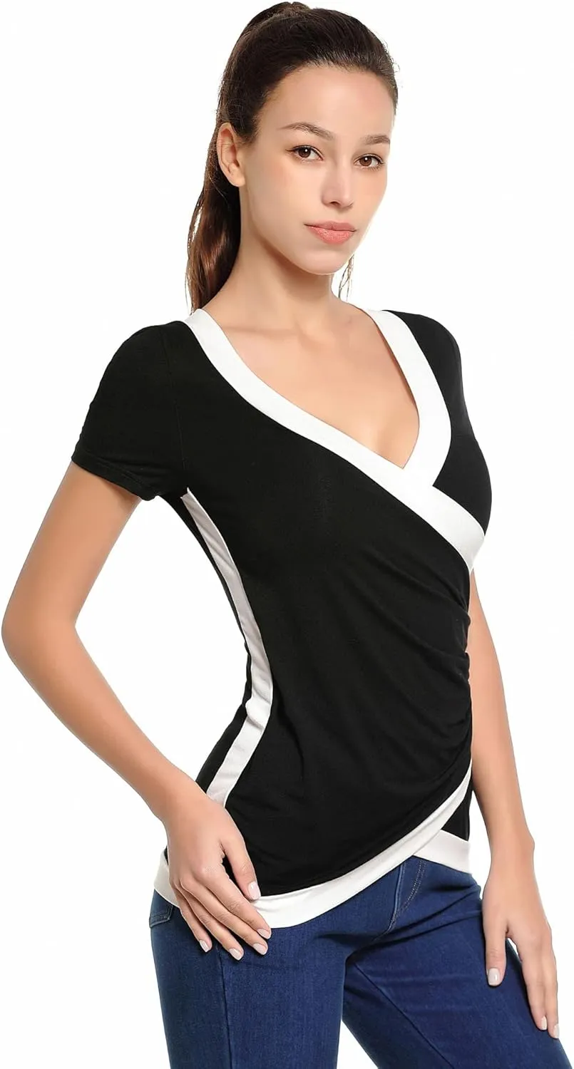 AmlieBoutik Women Color Trim V Neck Faux Wrap Pleated Detail Blouse