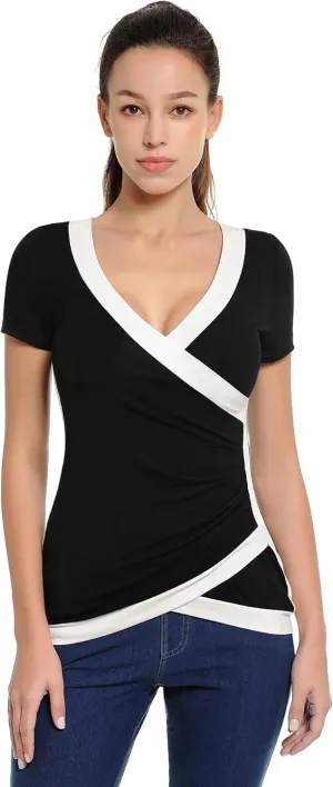 AmlieBoutik Women Color Trim V Neck Faux Wrap Pleated Detail Blouse