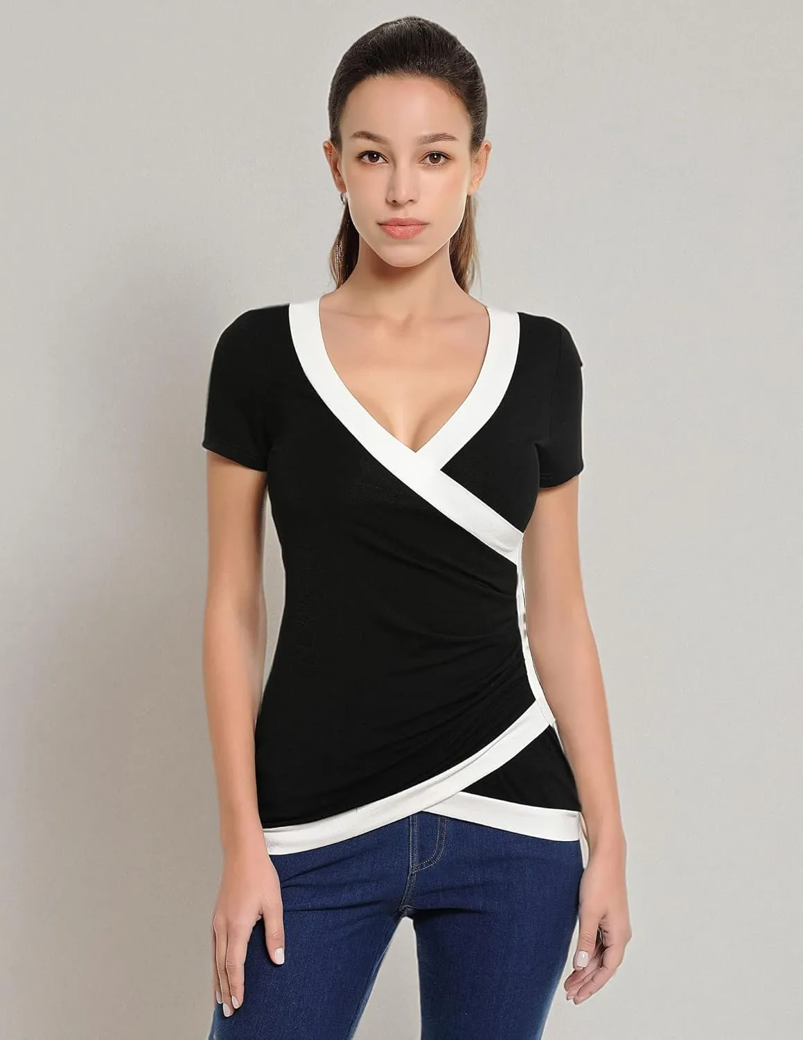 AmlieBoutik Women Color Trim V Neck Faux Wrap Pleated Detail Blouse