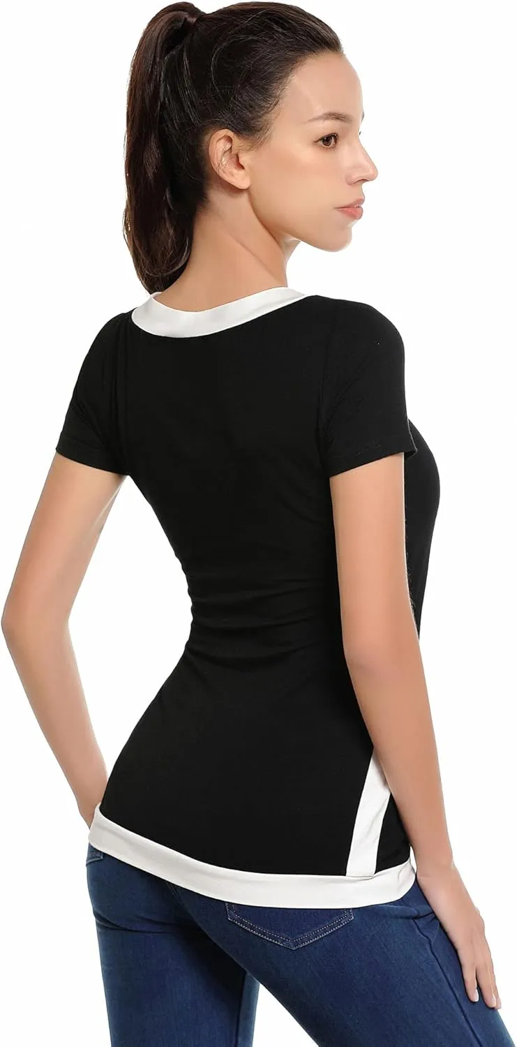 AmlieBoutik Women Color Trim V Neck Faux Wrap Pleated Detail Blouse