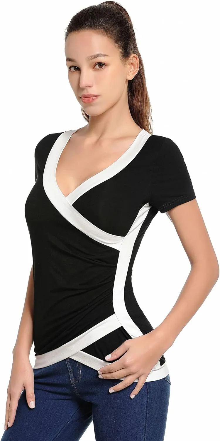 AmlieBoutik Women Color Trim V Neck Faux Wrap Pleated Detail Blouse