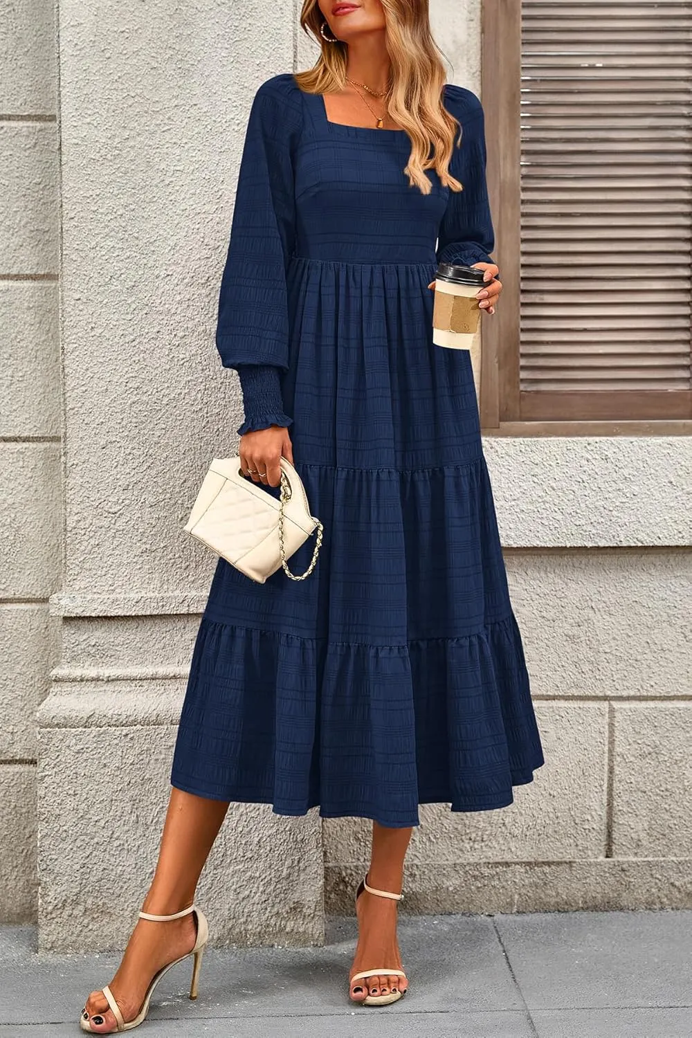 CFLONGE Women's Fall Dresses 2025 Puff Long Sleeve Square Neck Dress High Waist Smocked A-Line Flowy Wedding Party Maxi Dress