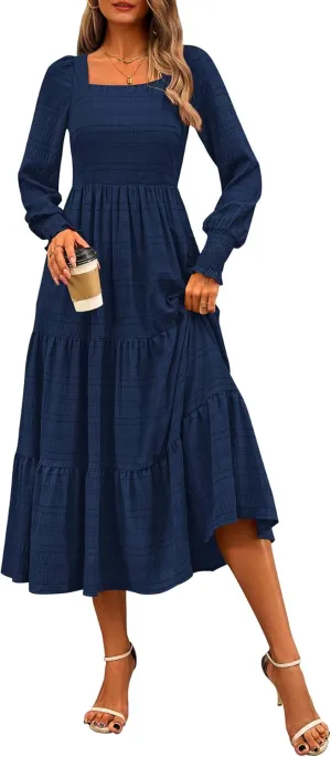 CFLONGE Women's Fall Dresses 2025 Puff Long Sleeve Square Neck Dress High Waist Smocked A-Line Flowy Wedding Party Maxi Dress