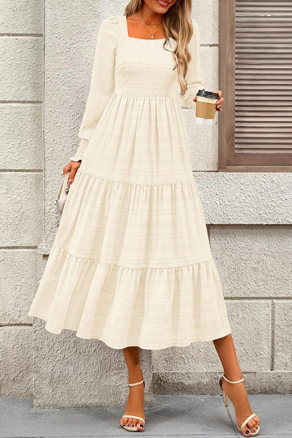 CFLONGE Women's Fall Dresses 2025 Puff Long Sleeve Square Neck Dress High Waist Smocked A-Line Flowy Wedding Party Maxi Dress