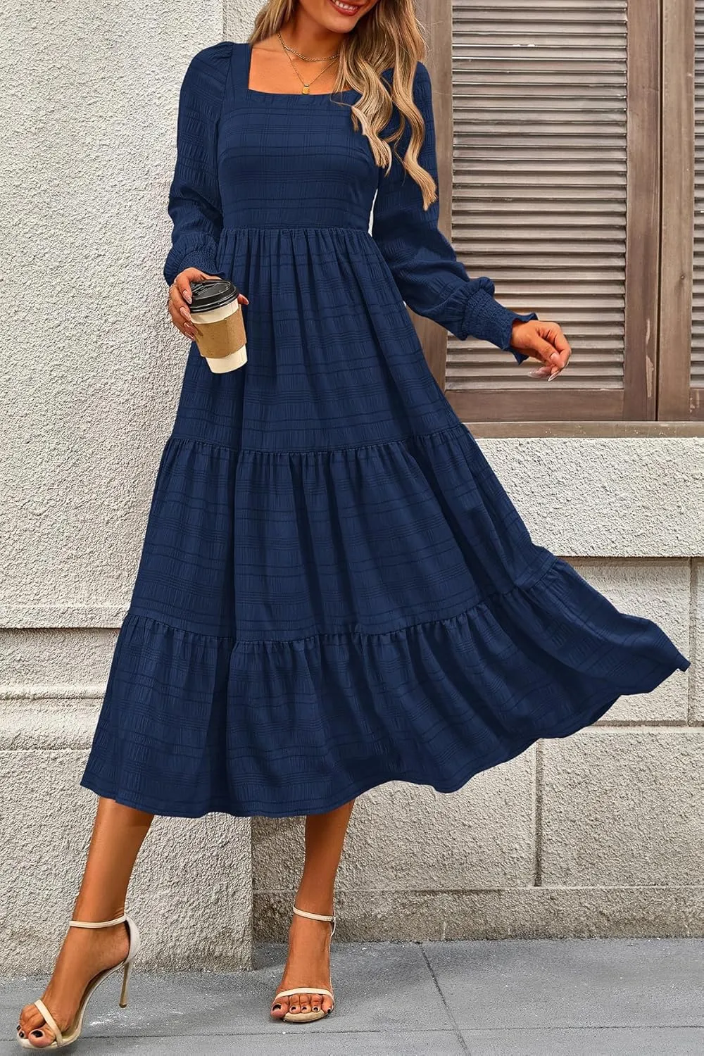 CFLONGE Women's Fall Dresses 2025 Puff Long Sleeve Square Neck Dress High Waist Smocked A-Line Flowy Wedding Party Maxi Dress