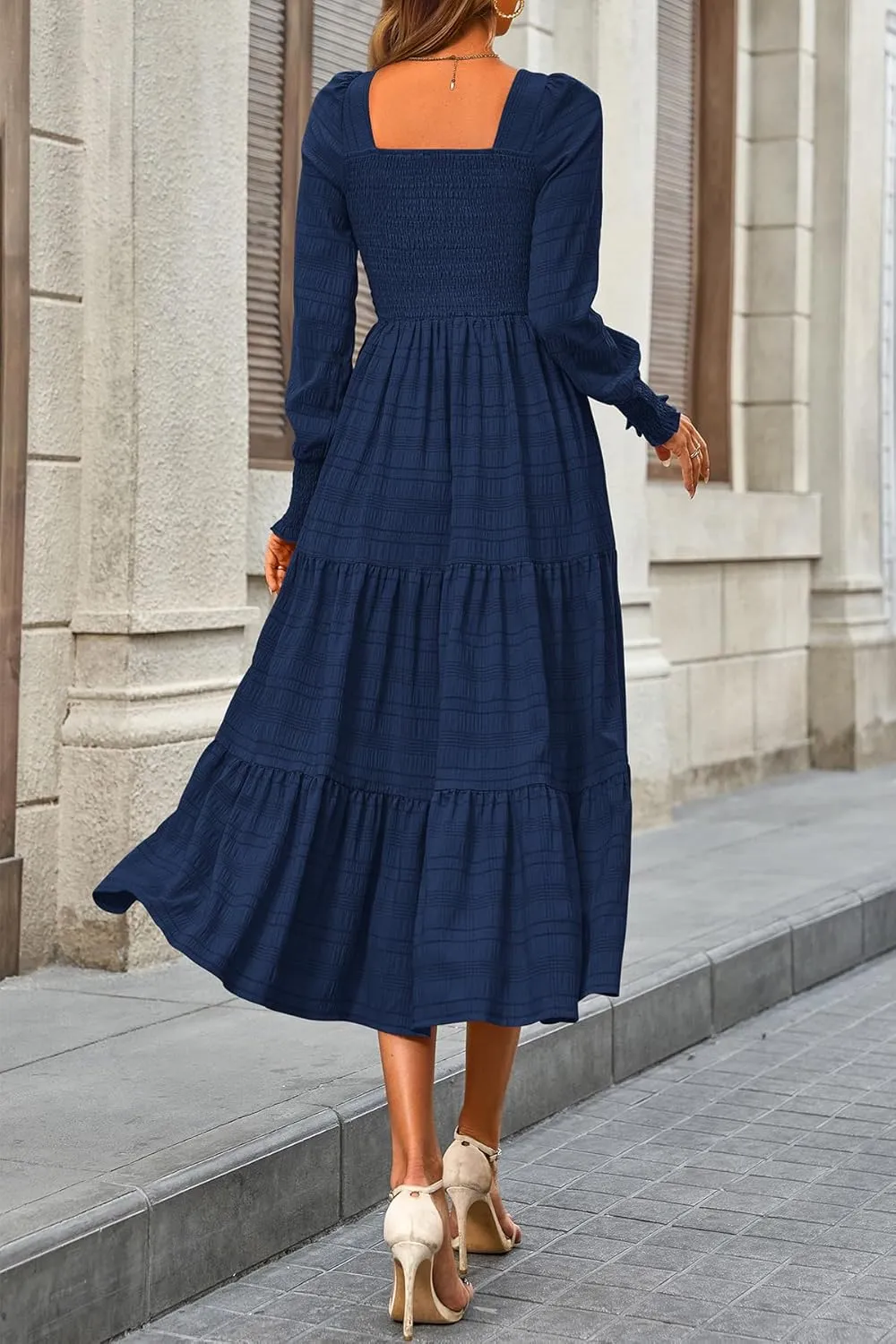 CFLONGE Women's Fall Dresses 2025 Puff Long Sleeve Square Neck Dress High Waist Smocked A-Line Flowy Wedding Party Maxi Dress