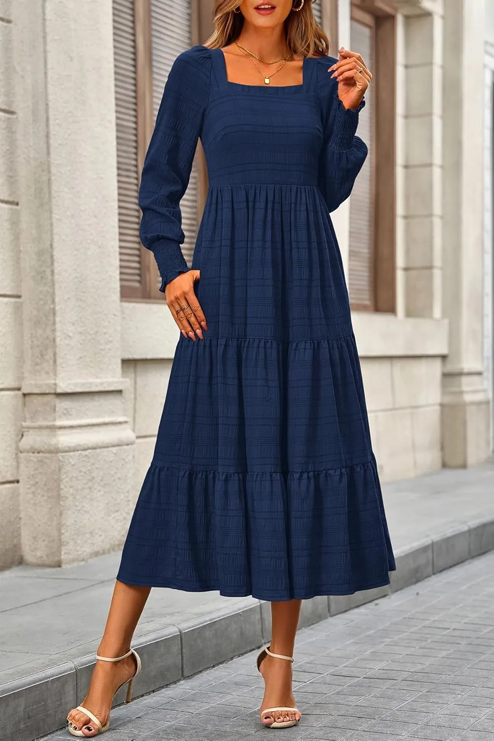 CFLONGE Women's Fall Dresses 2025 Puff Long Sleeve Square Neck Dress High Waist Smocked A-Line Flowy Wedding Party Maxi Dress