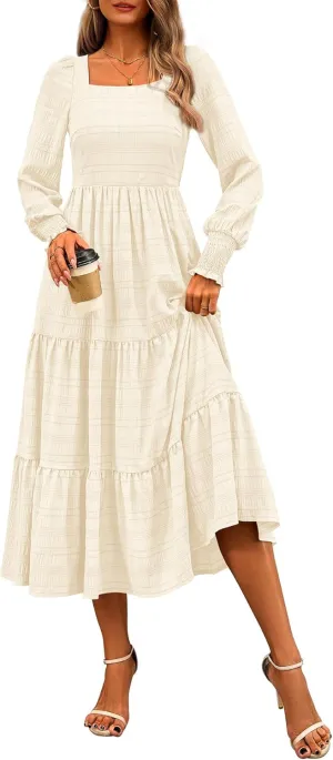 CFLONGE Women's Fall Dresses 2025 Puff Long Sleeve Square Neck Dress High Waist Smocked A-Line Flowy Wedding Party Maxi Dress
