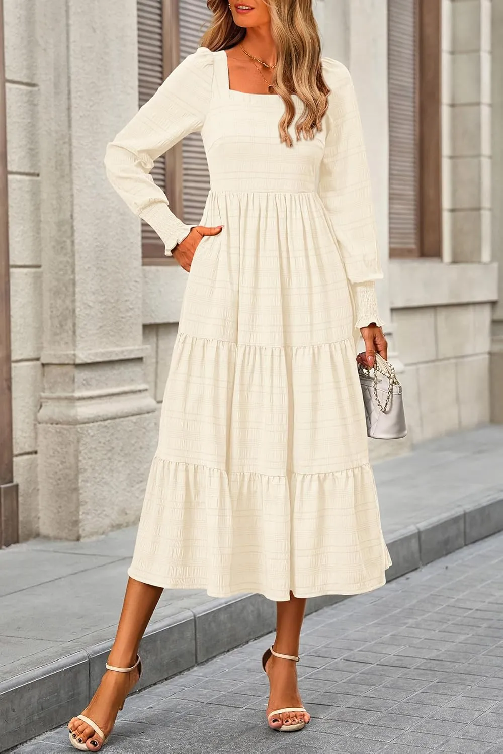 CFLONGE Women's Fall Dresses 2025 Puff Long Sleeve Square Neck Dress High Waist Smocked A-Line Flowy Wedding Party Maxi Dress
