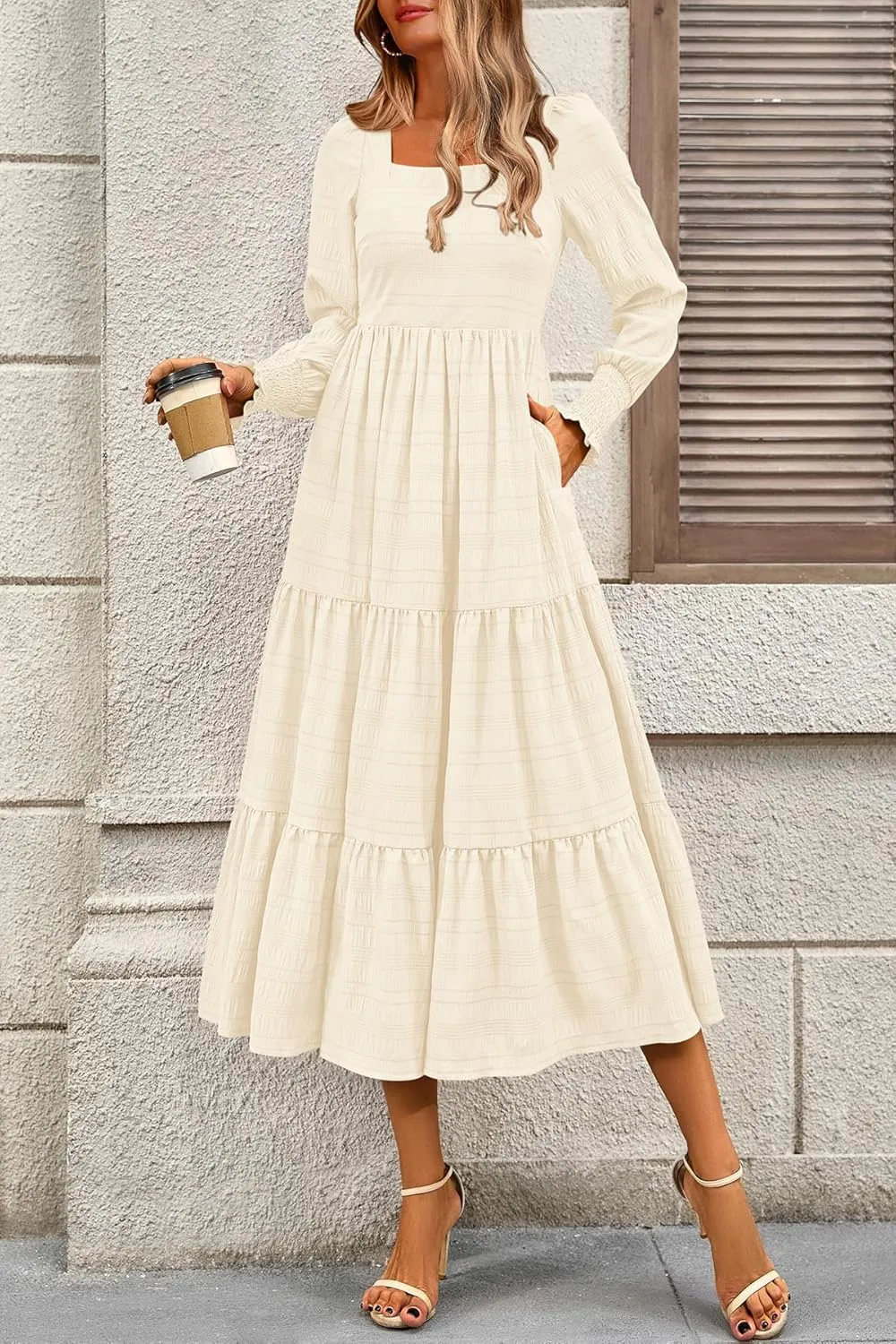 CFLONGE Women's Fall Dresses 2025 Puff Long Sleeve Square Neck Dress High Waist Smocked A-Line Flowy Wedding Party Maxi Dress