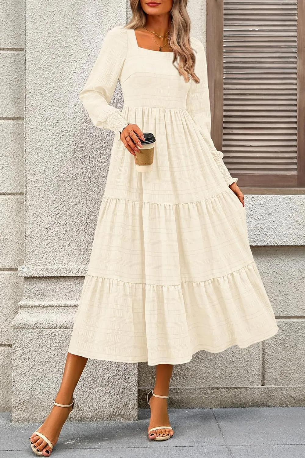 CFLONGE Women's Fall Dresses 2025 Puff Long Sleeve Square Neck Dress High Waist Smocked A-Line Flowy Wedding Party Maxi Dress