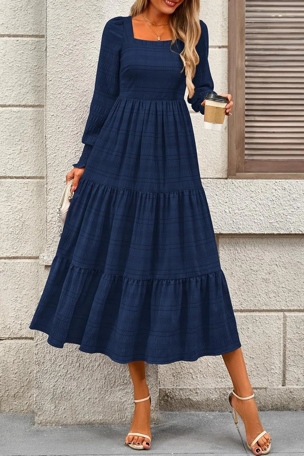 CFLONGE Women's Fall Dresses 2025 Puff Long Sleeve Square Neck Dress High Waist Smocked A-Line Flowy Wedding Party Maxi Dress