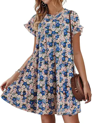 Chuanqi Womens Ruffles Boho Floral Printed Babydoll Loose Swing Casual Short Mini T-Shirt Dress