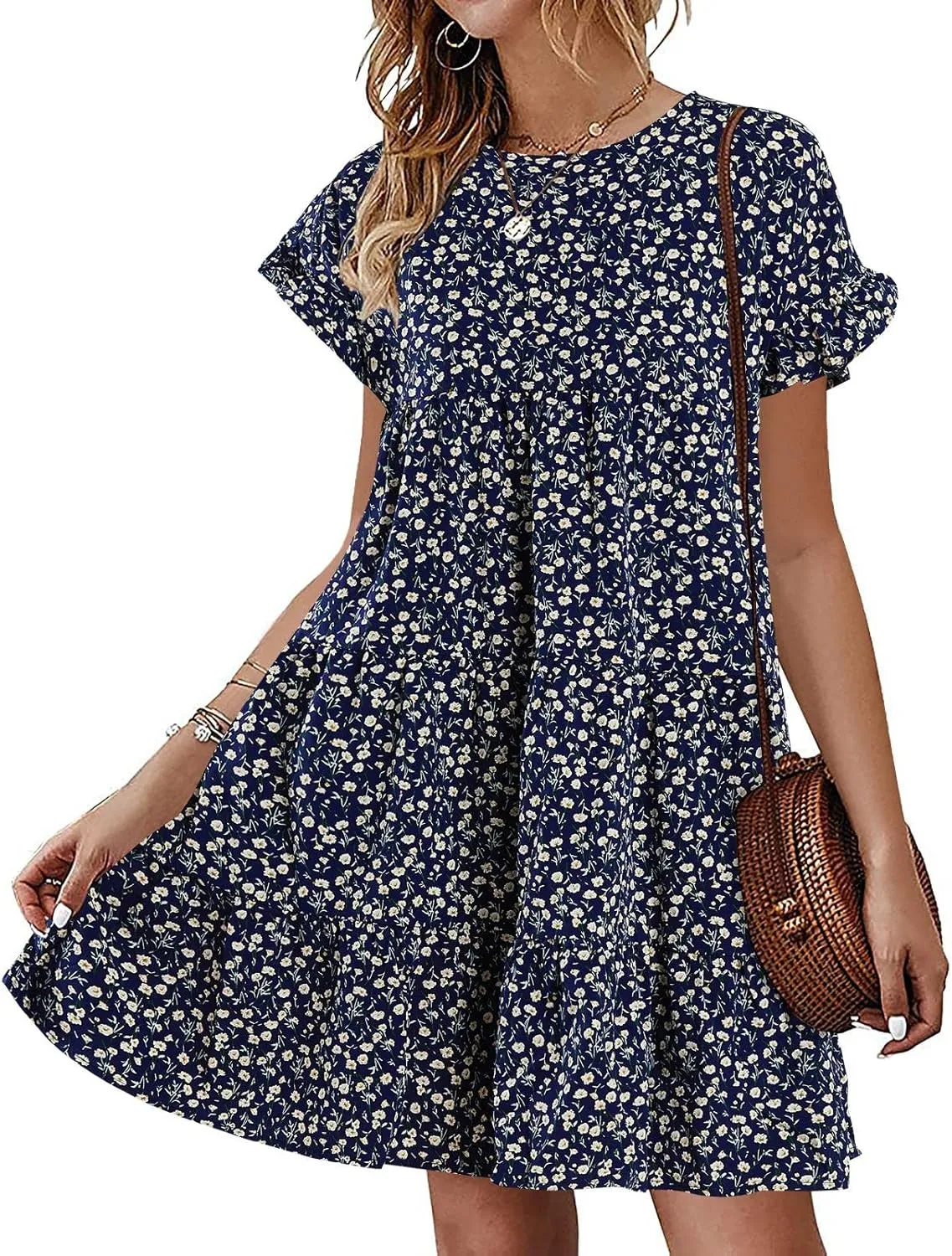 Chuanqi Womens Ruffles Boho Floral Printed Babydoll Loose Swing Casual Short Mini T-Shirt Dress