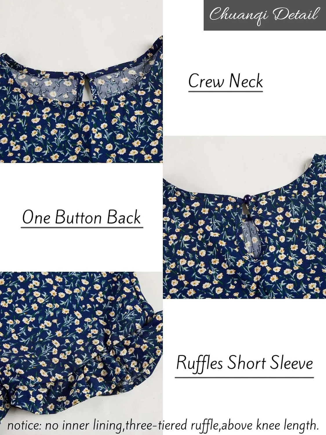 Chuanqi Womens Ruffles Boho Floral Printed Babydoll Loose Swing Casual Short Mini T-Shirt Dress