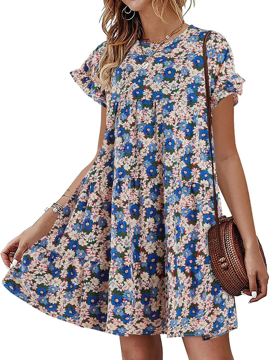 Chuanqi Womens Ruffles Boho Floral Printed Babydoll Loose Swing Casual Short Mini T-Shirt Dress
