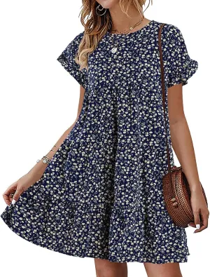 Chuanqi Womens Ruffles Boho Floral Printed Babydoll Loose Swing Casual Short Mini T-Shirt Dress