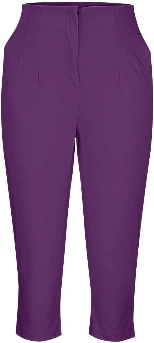 Cropped Pants for Women High Waisted Pull On Dress Capri Pants Slim Straight Leg Stretchy Waist Capris Trousers Pants