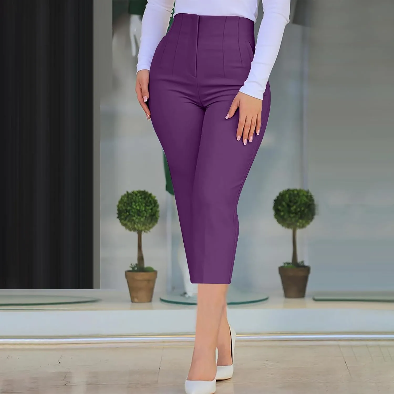 Cropped Pants for Women High Waisted Pull On Dress Capri Pants Slim Straight Leg Stretchy Waist Capris Trousers Pants