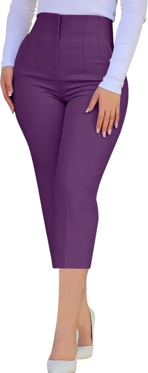 Cropped Pants for Women High Waisted Pull On Dress Capri Pants Slim Straight Leg Stretchy Waist Capris Trousers Pants