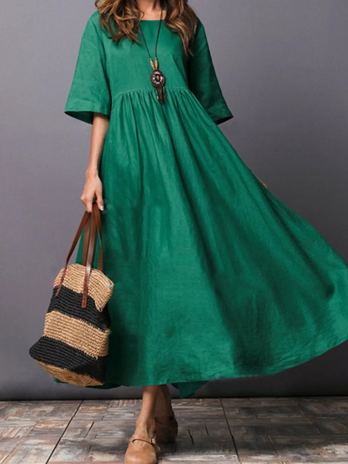 Dunnmall Pockets Half Sleeve Casual Crew Neck Casualdress