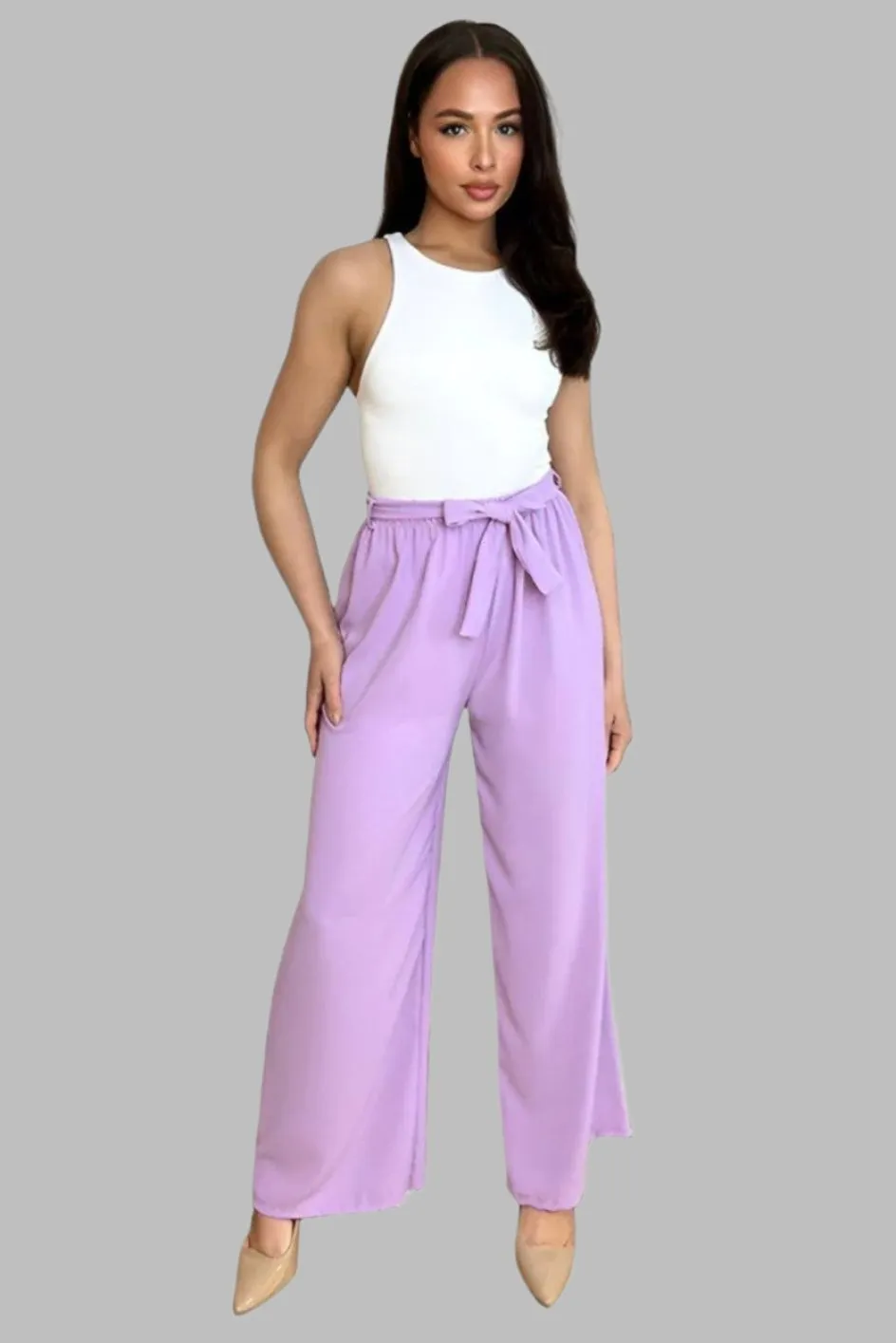 Elastic Waist Tie Wide Leg Trousers
