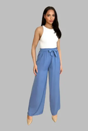 Elastic Waist Tie Wide Leg Trousers