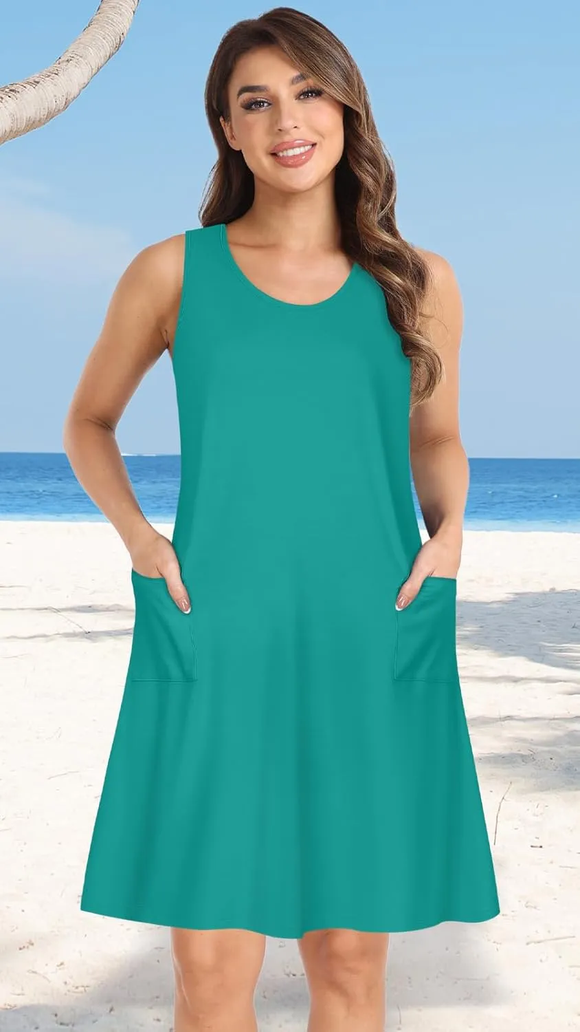 elescat Womens Summer Dresses Casual V Neck Sleeveless Pockets Beach Loose Tank Sundress