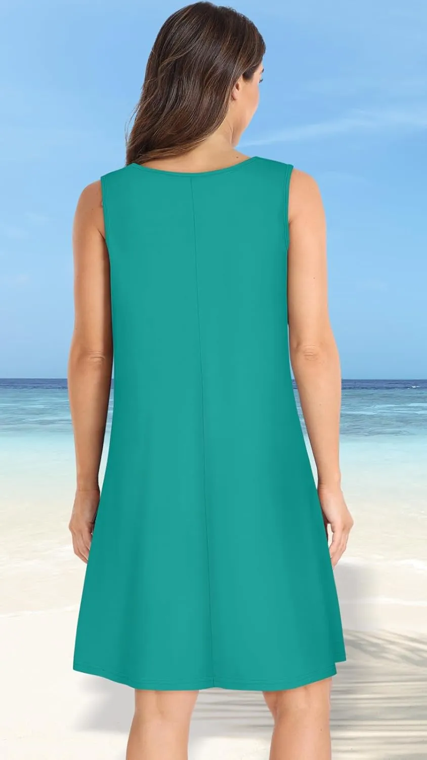 elescat Womens Summer Dresses Casual V Neck Sleeveless Pockets Beach Loose Tank Sundress