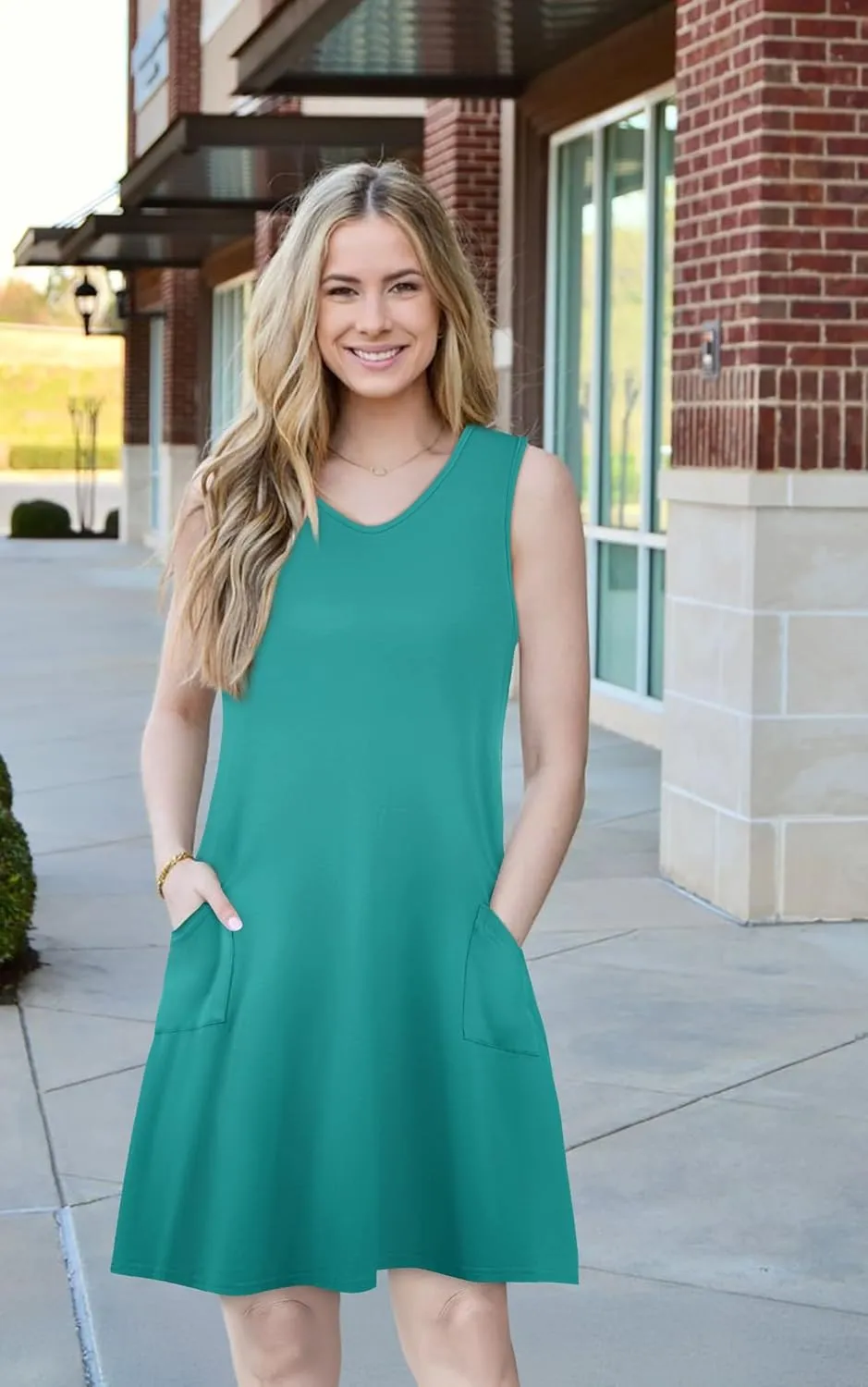 elescat Womens Summer Dresses Casual V Neck Sleeveless Pockets Beach Loose Tank Sundress