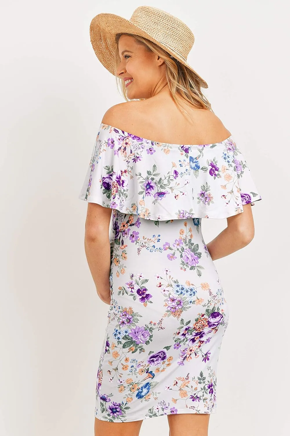Hello MIZ Women's Floral Ruffle Off Shoulder Maternity Dress - Made in USA