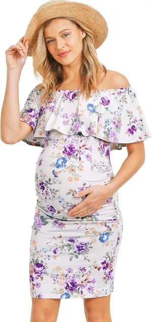 Hello MIZ Women's Floral Ruffle Off Shoulder Maternity Dress - Made in USA
