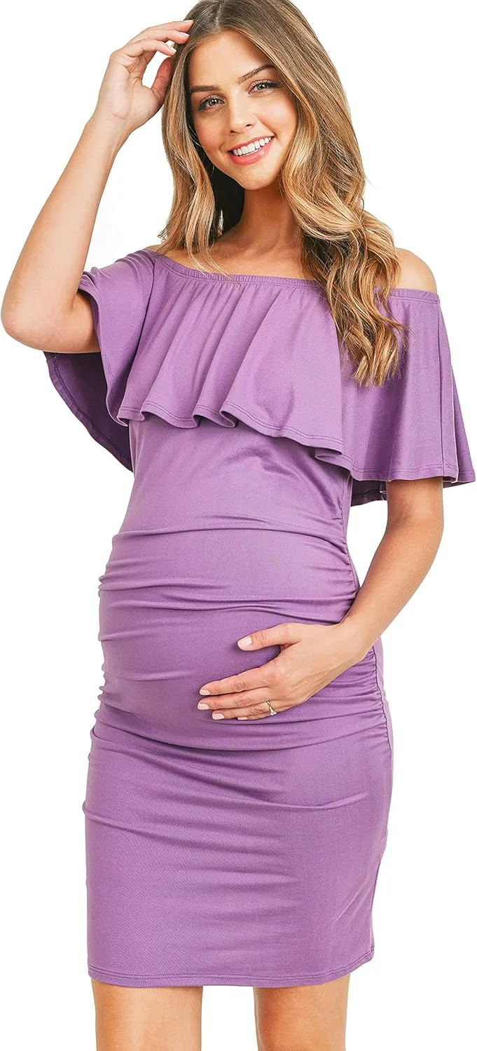 Hello MIZ Women's Floral Ruffle Off Shoulder Maternity Dress - Made in USA