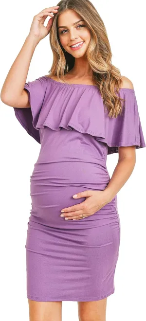 Hello MIZ Women's Floral Ruffle Off Shoulder Maternity Dress - Made in USA