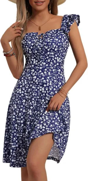 HUHOT Summer Sun Dresses for Women 2025 Adjustable Square Neck Sleeveless Midi Floral Graduation Beach Casaul Sundresses
