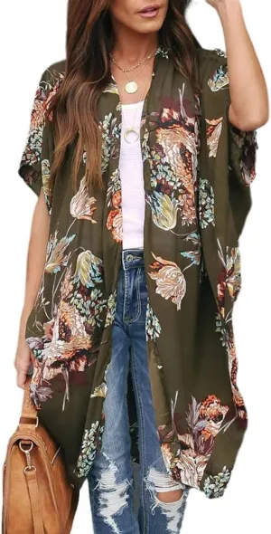 Ivay Womens Floral Kimono Duster Cardigans Short Sleeve Draped Oversized Beach Cover Up Cape