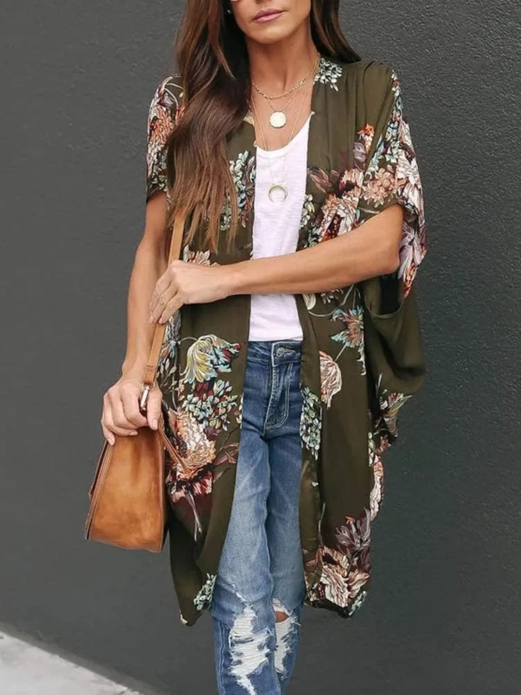 Ivay Womens Floral Kimono Duster Cardigans Short Sleeve Draped Oversized Beach Cover Up Cape