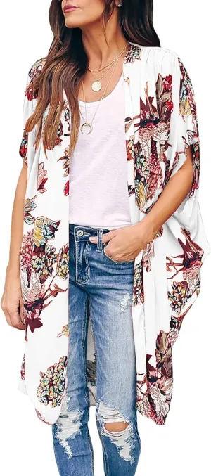 Ivay Womens Floral Kimono Duster Cardigans Short Sleeve Draped Oversized Beach Cover Up Cape