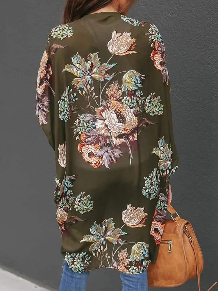 Ivay Womens Floral Kimono Duster Cardigans Short Sleeve Draped Oversized Beach Cover Up Cape