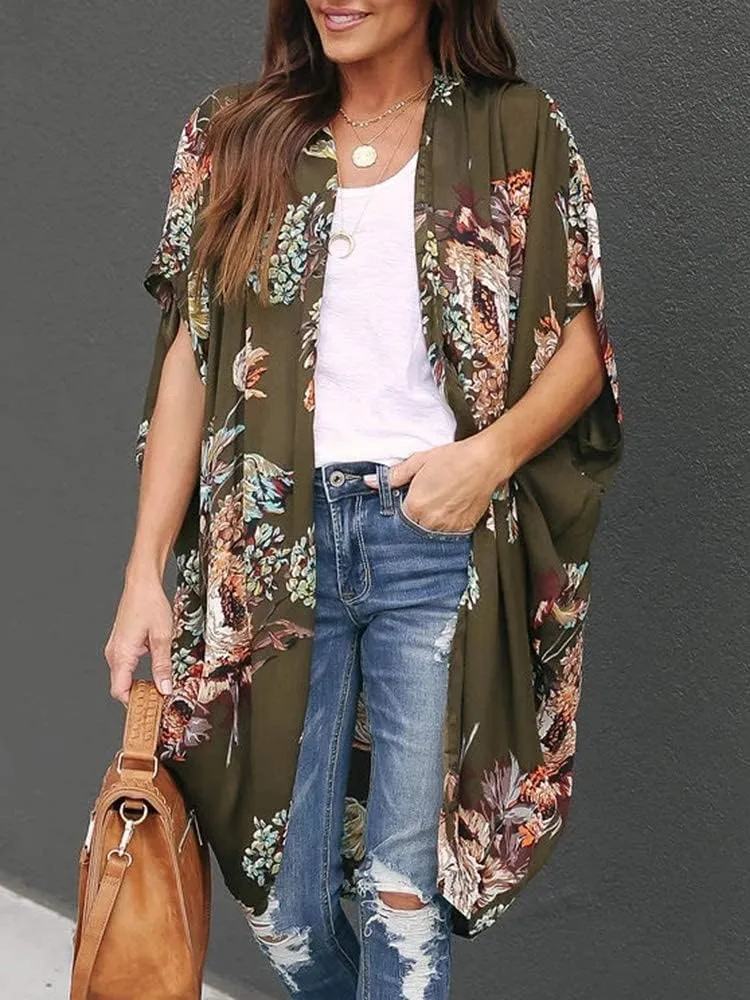 Ivay Womens Floral Kimono Duster Cardigans Short Sleeve Draped Oversized Beach Cover Up Cape