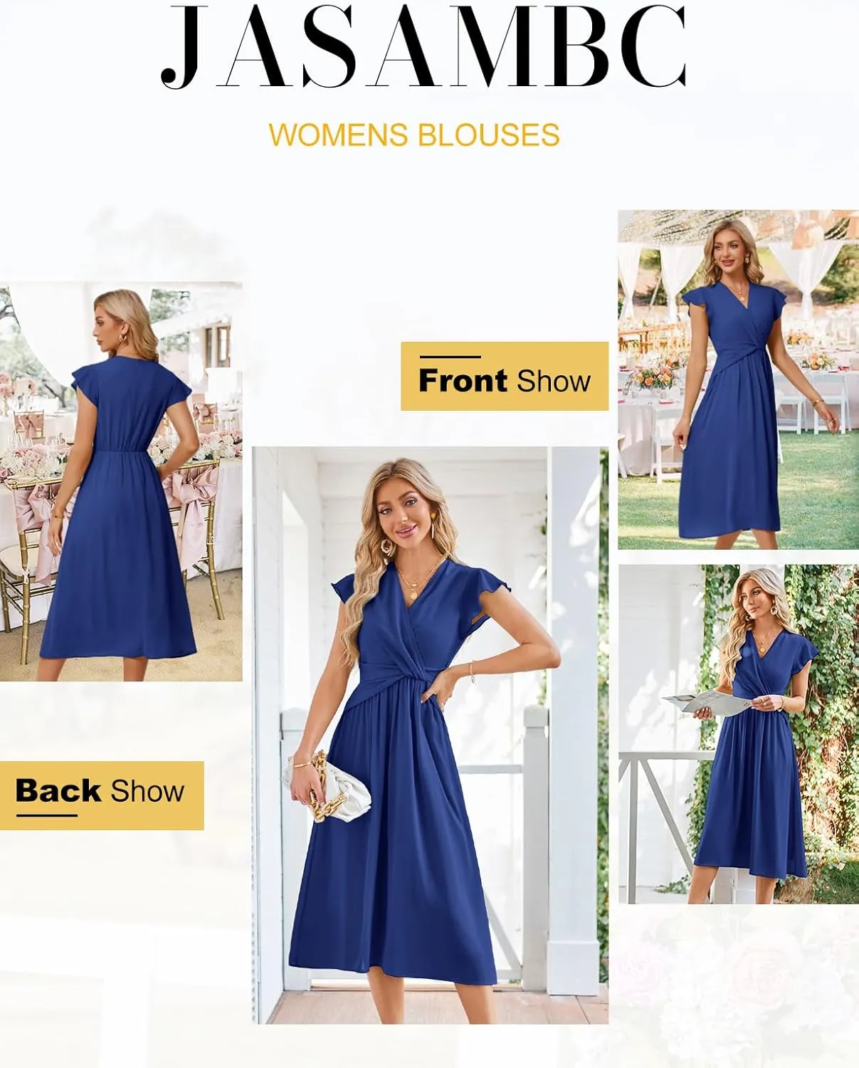 JASAMBAC Womens Dresses Casual Ruffle Short Sleeves Chiffon Empire Waist Elastic V-Neck Wedding Guest A-Line Maxi Dress