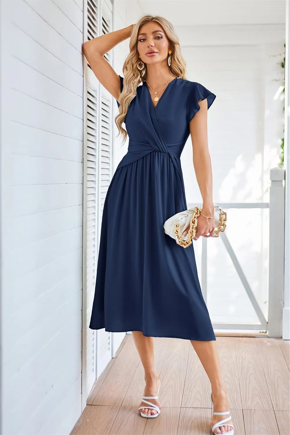 JASAMBAC Womens Dresses Casual Ruffle Short Sleeves Chiffon Empire Waist Elastic V-Neck Wedding Guest A-Line Maxi Dress