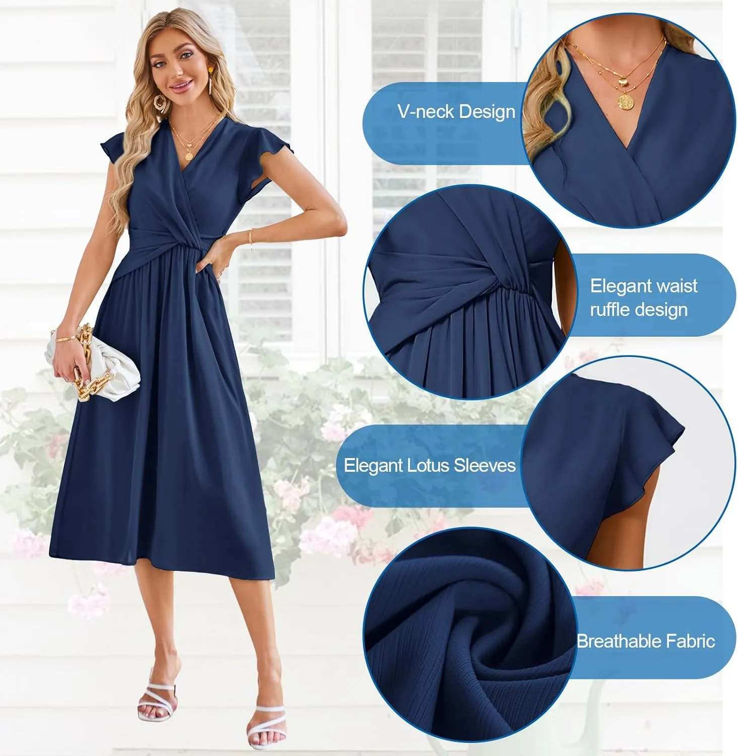 JASAMBAC Womens Dresses Casual Ruffle Short Sleeves Chiffon Empire Waist Elastic V-Neck Wedding Guest A-Line Maxi Dress