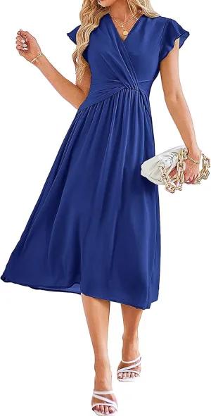 JASAMBAC Womens Dresses Casual Ruffle Short Sleeves Chiffon Empire Waist Elastic V-Neck Wedding Guest A-Line Maxi Dress