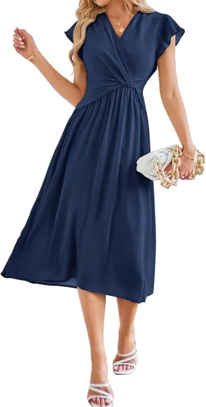 JASAMBAC Womens Dresses Casual Ruffle Short Sleeves Chiffon Empire Waist Elastic V-Neck Wedding Guest A-Line Maxi Dress