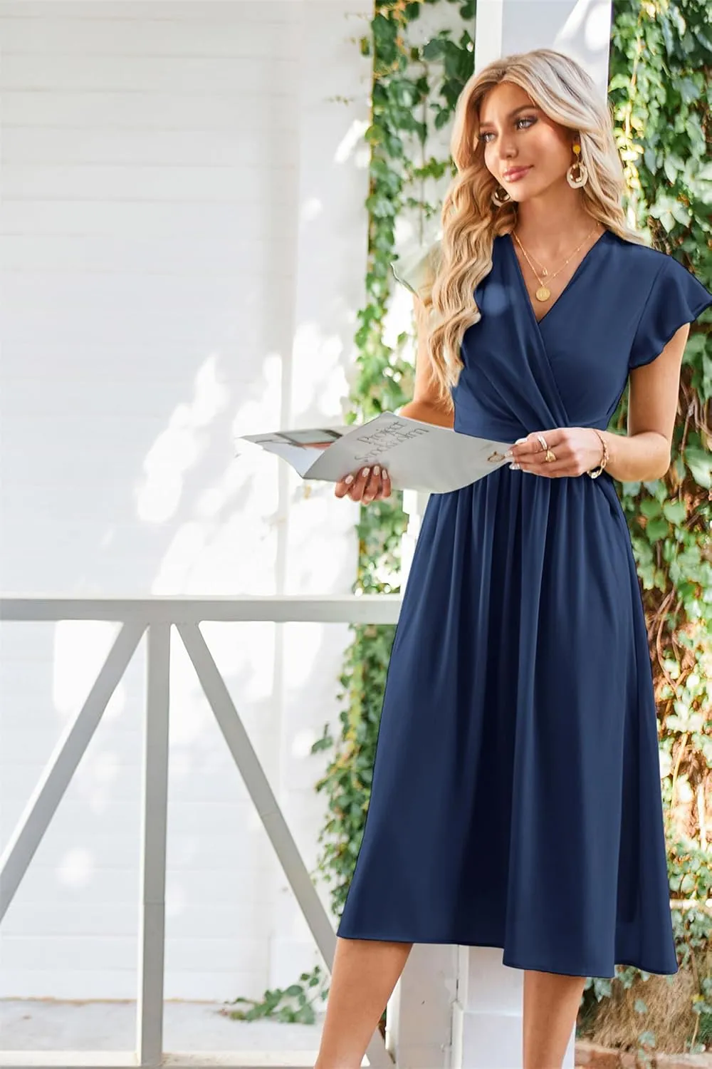 JASAMBAC Womens Dresses Casual Ruffle Short Sleeves Chiffon Empire Waist Elastic V-Neck Wedding Guest A-Line Maxi Dress
