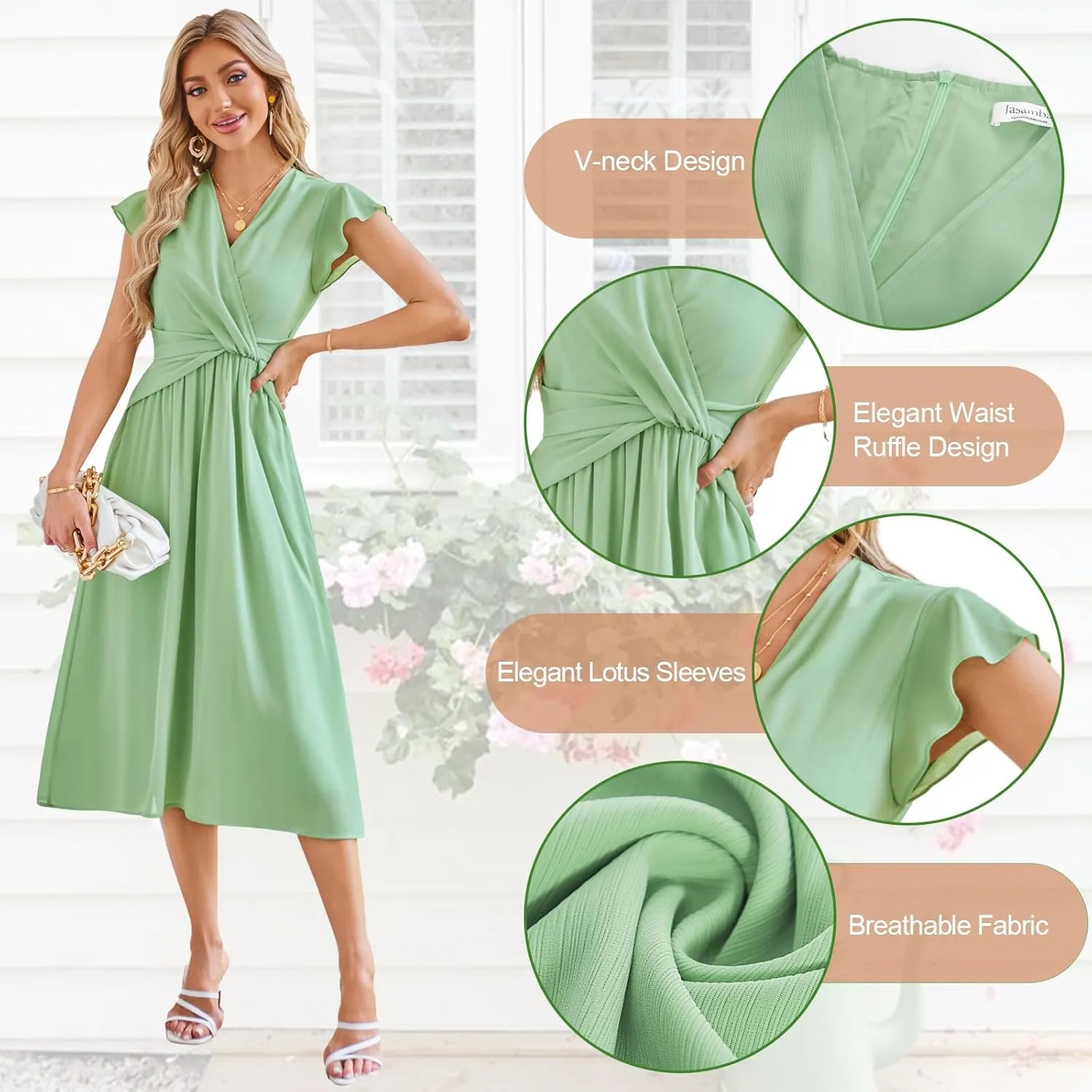 JASAMBAC Womens Dresses Casual Ruffle Short Sleeves Chiffon Empire Waist Elastic V-Neck Wedding Guest A-Line Maxi Dress