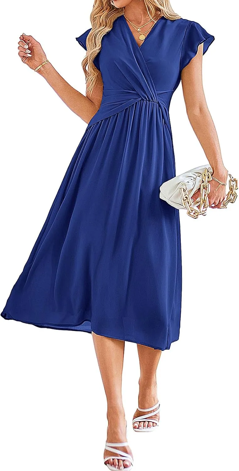 JASAMBAC Womens Dresses Casual Ruffle Short Sleeves Chiffon Empire Waist Elastic V-Neck Wedding Guest A-Line Maxi Dress