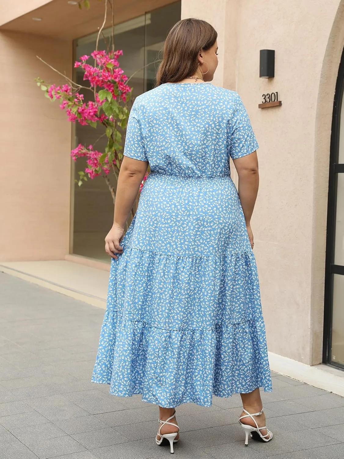 Keluummi Plus Size Summer Maxi Dresses for Curvy Women, Casual Floral A Line Tiered V Neck Dress with Empire Waist, Pockets