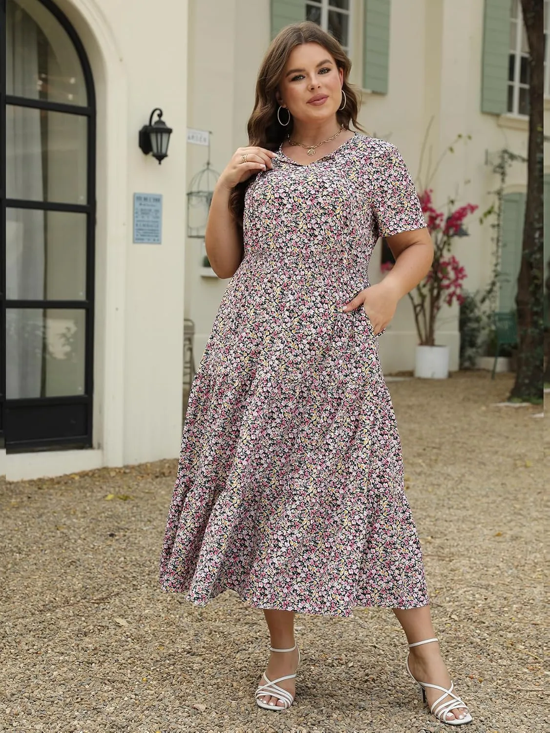 Keluummi Plus Size Summer Maxi Dresses for Curvy Women, Casual Floral A Line Tiered V Neck Dress with Empire Waist, Pockets